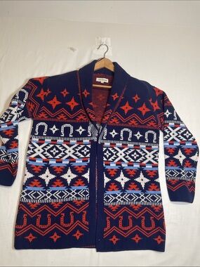 Lucky Brand Navy Blue, Red, White Patterned Cardigan western Y2K Men’s Large